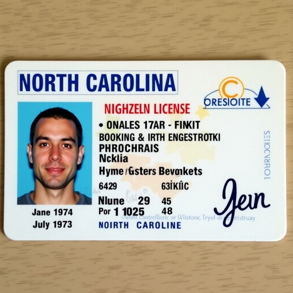 This image features a North Carolina driver's license which is an official form of state identification. The document displays essential information such as the name, date of birth, and a photograph of the individual. It indicates that the individual is 29 years old. The license is from North Carolina, particularly from Charlotte, showcasing the state's design and features. Such licenses play a crucial role in verifying identity and age in various contexts.