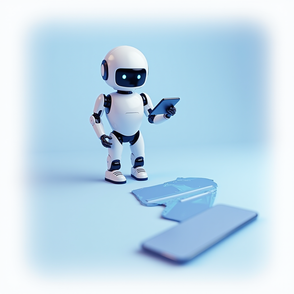 A small humanoid robot holding an intact phone stands next to a broken phone on the floor, set against a light blue backdrop.