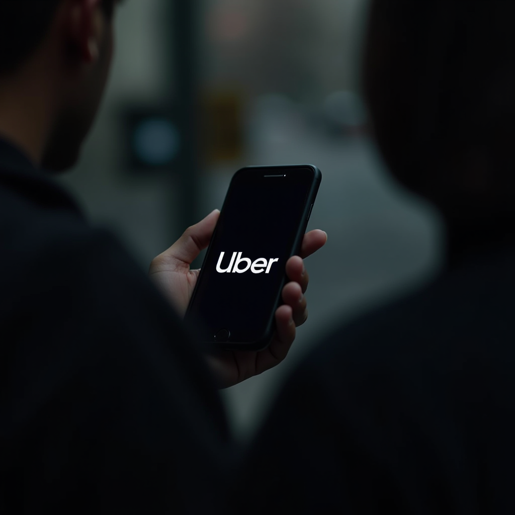 A person holds a smartphone with the Uber app open on a dimly lit street.