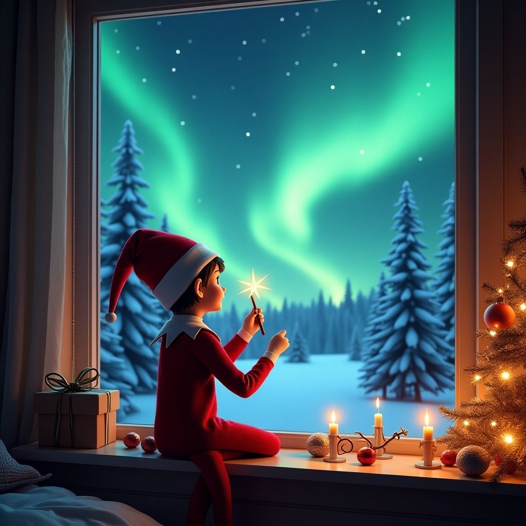 The image features a girl elf on the shelf, her back to the viewer as she gazes out of a window. She uses a wand to write a message in the sky that reads 'willow and cody I'm coming back'. Outside, the sky is illuminated with the stunning Northern Lights in vibrant hues of green and blue. Snow-covered trees frame the magical scene, enhancing the winter wonderland atmosphere. Inside the room, festive decorations and holiday cheer abound, creating a cozy and inviting setting.