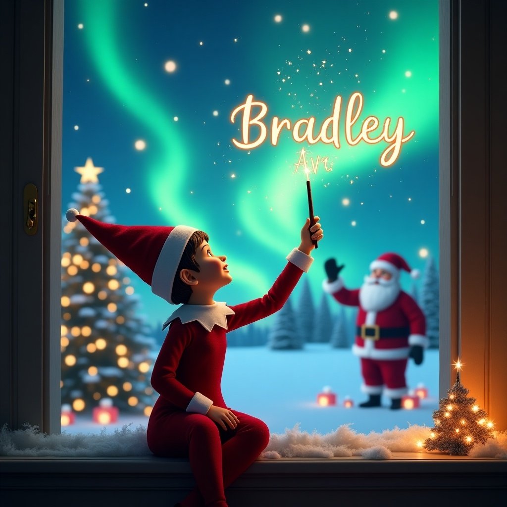 A cozy Christmas scene featuring a child dressed as an elf sitting at a window. The child is using a magic wand to write names in the sky. The background is filled with a beautiful display of northern lights. Santa Claus is visible in the distance, adding to the magical feel. The setting includes a decorated Christmas tree and snow-covered ground, creating a winter wonderland atmosphere. The image is colorful and enchanting, capturing the essence of holiday magic.