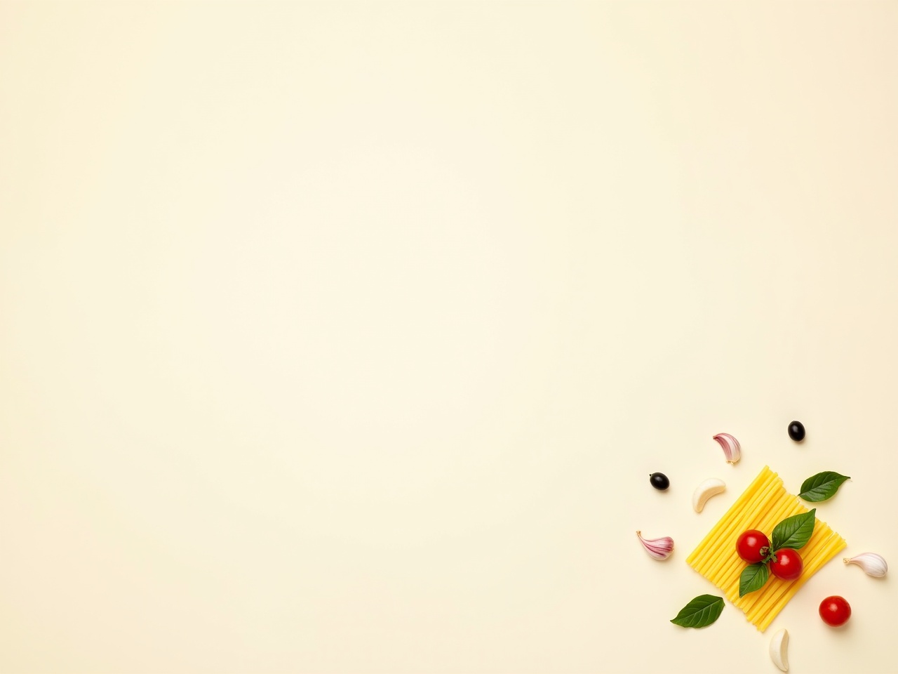 This image is a minimalist web background designed for an Italian food-themed website. It features a cream-colored background that covers about 90% of the entire image, creating a spacious feel. In a small portion, scattered culinary elements like olives, fresh basil leaves, cherry tomatoes, garlic cloves, and various pasta pieces are placed delicately. The composition is intentionally airy and uncluttered, allowing the cream background to dominate. This design is ideal for providing an elegant look that does not distract viewers from the main content.