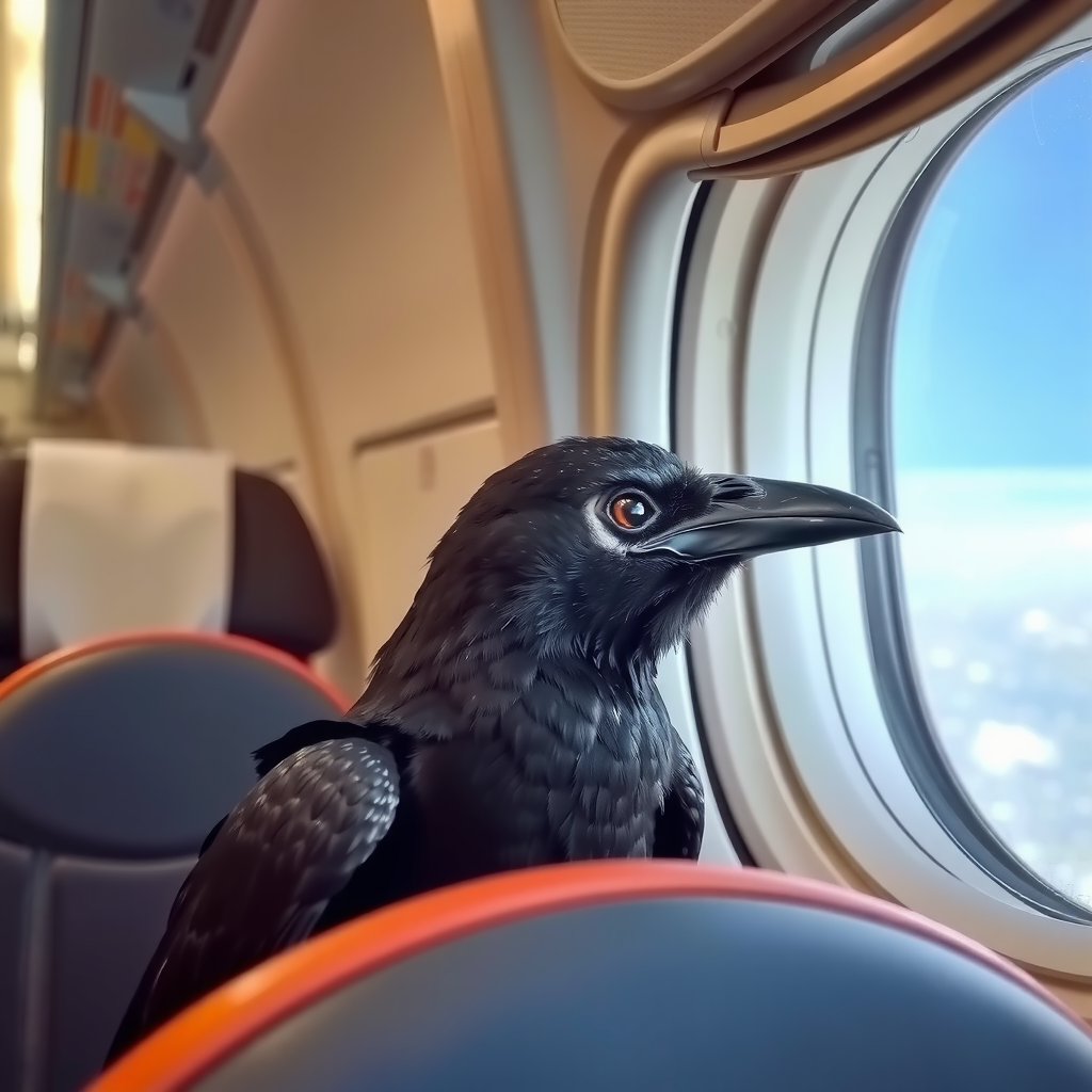 A raven is perched on an airplane seat, looking out the window at the sky.