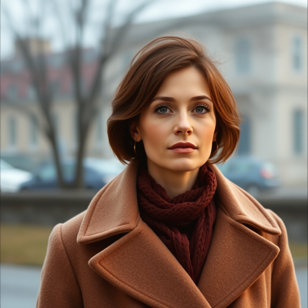 The image features a woman with short, stylishly cut hair, standing outdoors in a soft, overcast light. Her expression is thoughtful and serene, adding a contemplative feel to the scene. She is wearing a beige, double-breasted coat, its texture soft and warm, complementing the rich burgundy scarf around her neck. In the background, there's a blurred setting of a stone wall and cars, possibly suggesting a quiet suburban or urban environment. The overall tone of the image is warm and sophisticated, with a focus on autumn fashion.