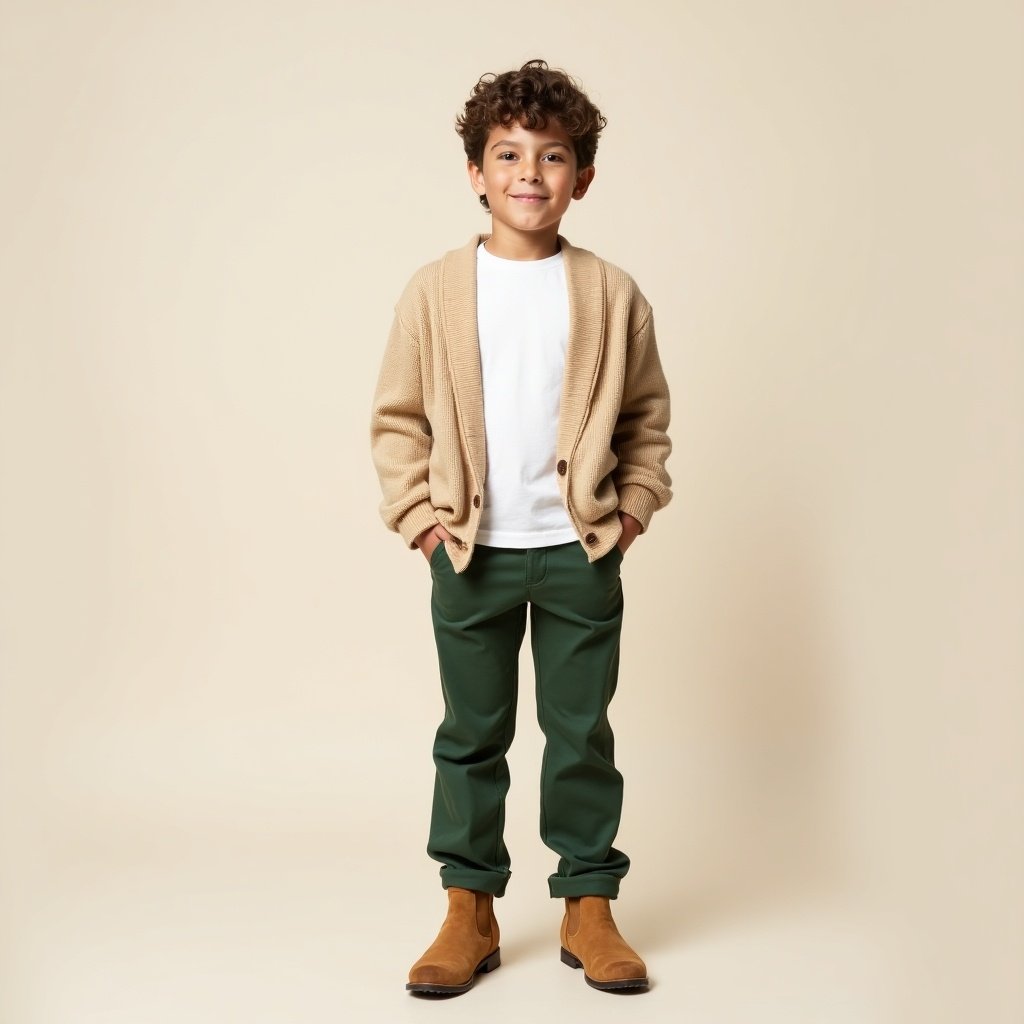 A seven-year-old boy stands confidently, showing off his trendy outfit. He wears a cozy beige cardigan that reflects his playful nature. His stylish green golf pants add a modern flair to his look. Underneath, a simple white T-shirt peeks through for a laid-back vibe. Beige suede boots complete his fashionable ensemble. The background is a soft, neutral color, drawing attention to his outfit and cheerful demeanor.