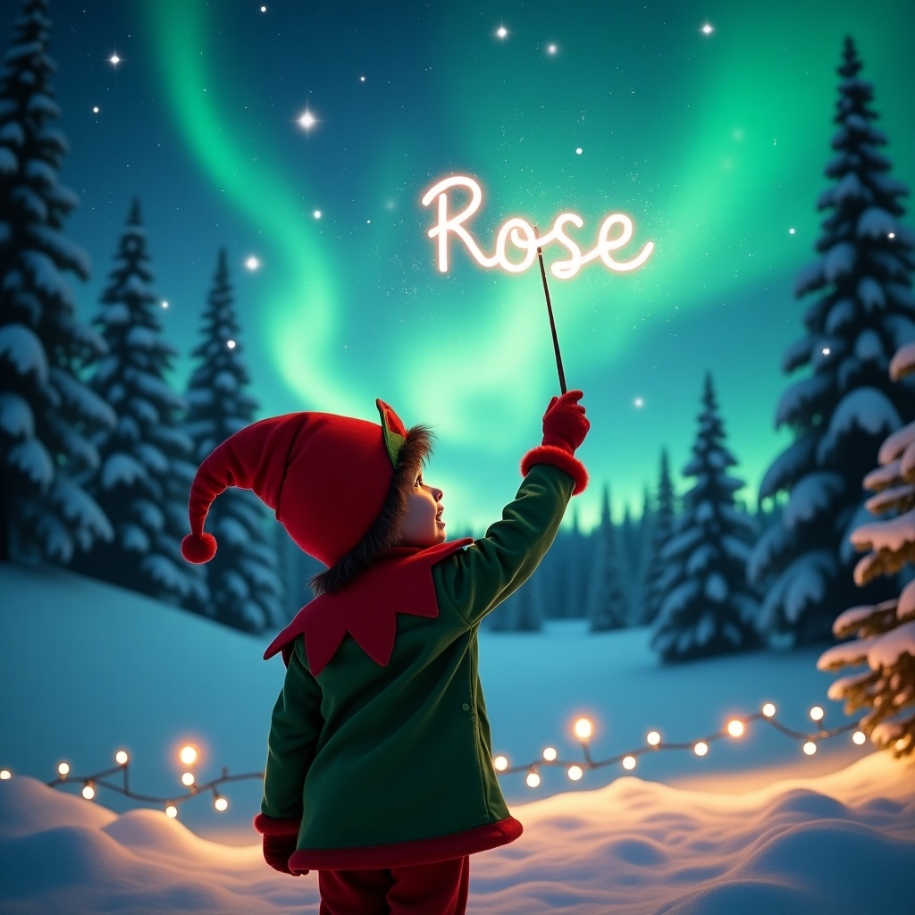 A magical scene features a child dressed in a vibrant elf costume, standing in a snowy winter landscape. The child is facing away from the viewer, illuminated by the dancing northern lights above. They are using a wand to write the name 'Rose' in sparkling light, capturing a whimsical moment. Surrounding them are snow-covered trees and the twinkling lights in the foreground, adding to the cozy atmosphere. The overall feeling is cheerful and festive, perfectly suited for the holiday season. This illustration evokes joy and a sense of wonder.