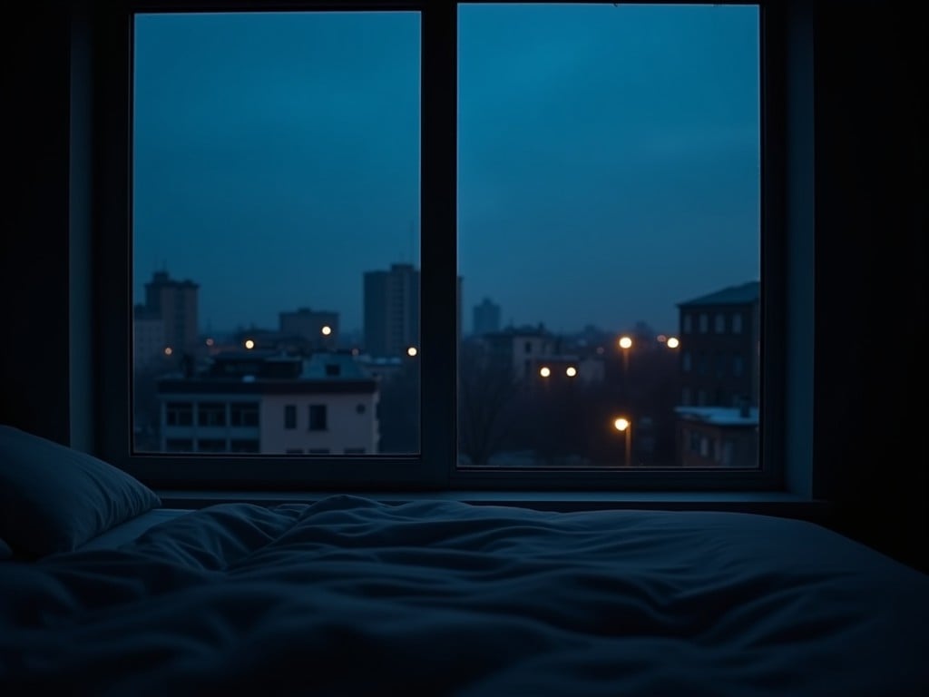 The image captures a serene moment from inside a room during the dark blue hour of early morning. The camera is positioned on a bed, facing a large window that presents an urban landscape. Outside, buildings of varying heights and dimly lit street lights contrast against the deep blue sky. The room interior is dark and calm, with the bed's soft features barely visible. The overall scene evokes a feeling of peaceful observation and reflection, emphasizing the stillness of early morning in a city setting.