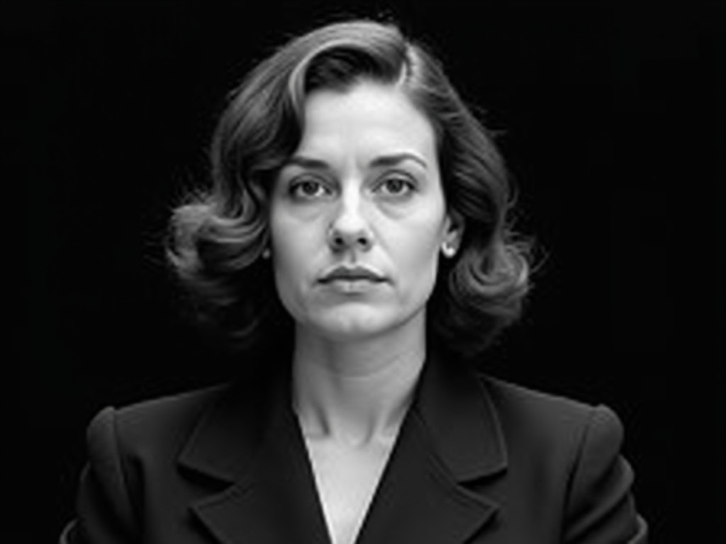 The image features a woman with a serious expression. She has shoulder-length hair styled in soft waves. She wears a dark blazer, giving her a professional appearance. The background is completely black, emphasizing her figure. Her gaze is direct and confident, suggesting strength and determination. The portrait has a classic feel, reminiscent of mid-20th century photography. Overall, the image evokes a sense of authority and poise.