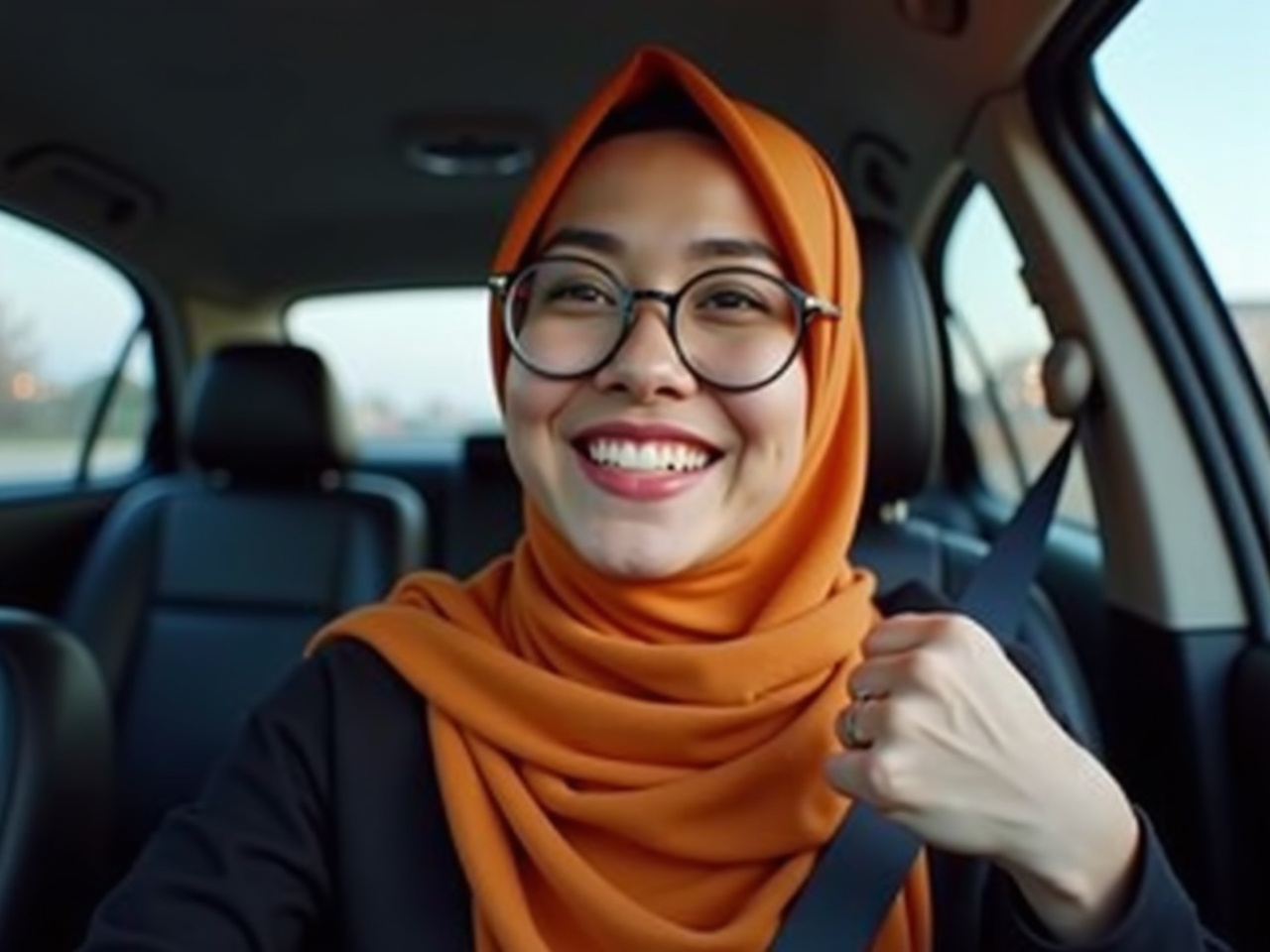 The image features a woman sitting in a car, smiling warmly at the camera. She is wearing an orange hijab and round glasses, giving her a cheerful appearance. Her clothing appears to be black, which contrasts nicely with her hijab. The woman is gesturing with her right hand, making a fist as if showing enthusiasm or positivity. In the background, some car interiors can be seen, indicating she is likely in a parked vehicle. The lighting suggests it could be early evening, as indicated by the timestamp on the screen.