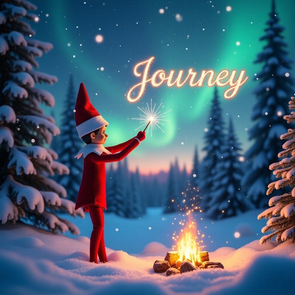 In a snowy forest, a traditional red Elf on the Shelf stands proudly holding a magic wand that twinkles brightly. It writes the word 'Journey' in sparkling letters across the starry night sky. The scene is enchanting, with delicate snowflakes swirling around, creating a magical ambiance. In the backdrop, the horizon illuminates with the mesmerizing hues of the northern lights, showcasing deep pink, purple, and turquoise. Nearby, a small campfire crackles, casting a warm glow on the snow-covered trees. A magnificent Christmas tree stands tall, adorned with snow and twinkling lights, completing this holiday wonderland.