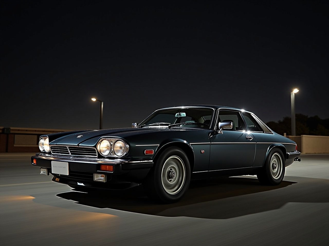 The image depicts a classic dark grey Jaguar Daimler XJ6 parked at night. The car is positioned prominently, showcasing its sleek design and elegant lines. The lighting adds a dramatic flair, emphasizing the car's contours and chrome accents. Surrounding elements are understated, allowing the vehicle to stand out as the main subject. This striking night shot captures the essence of classic automotive beauty, appealing to car enthusiasts and collectors.