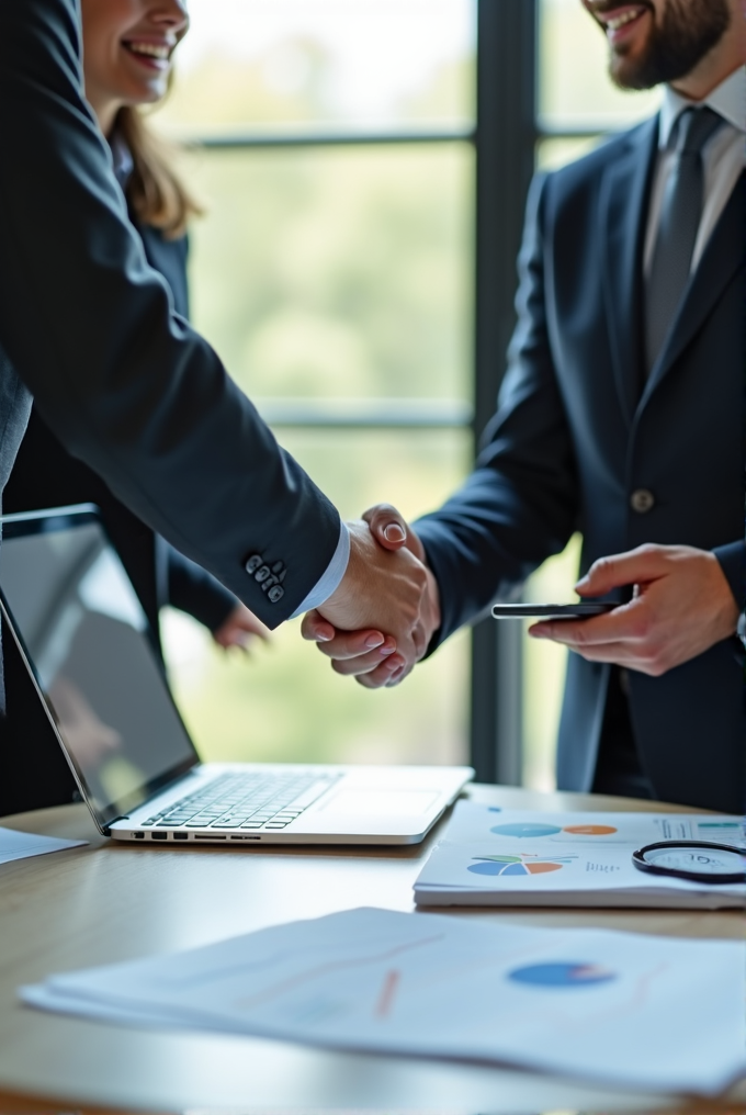 Two people in suits are shaking hands beside a table with a laptop and papers, suggesting a business agreement.