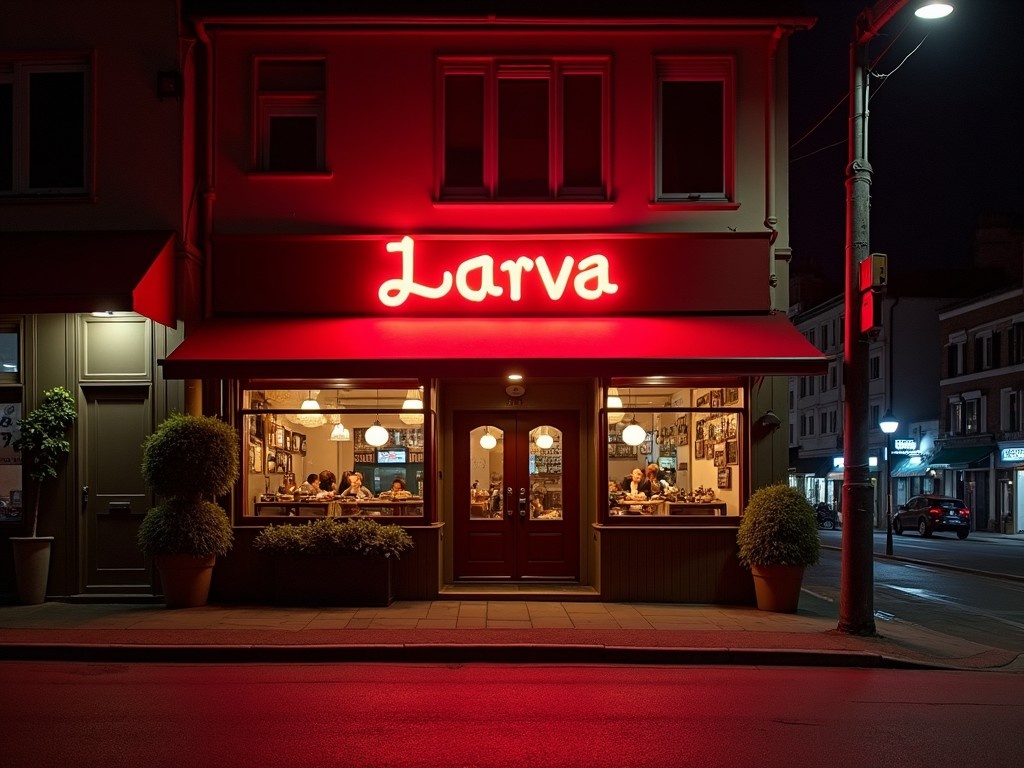 The image depicts a cozy restaurant or cafe named 'Larva' illuminated by a vibrant red neon sign. It's nighttime, and the building stands out against the dark sky. The neon light casts a warm glow, inviting passersby to take a look inside. The surrounding street appears quiet, emphasizing the restaurant's welcoming ambiance. This scene evokes a sense of urban charm and nightlife excitement.