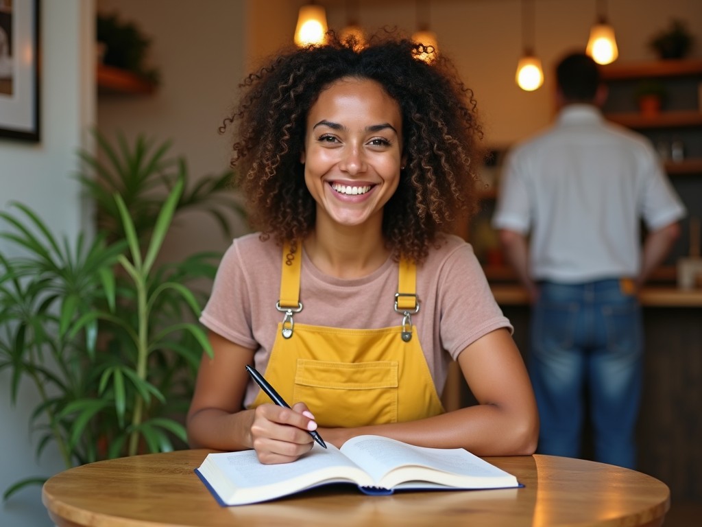 a happy person writing in a cafe