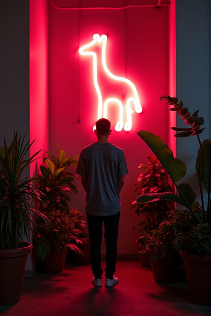 A man stands in a dimly lit room, admiring a vibrant neon sign of a giraffe, surrounded by potted plants.