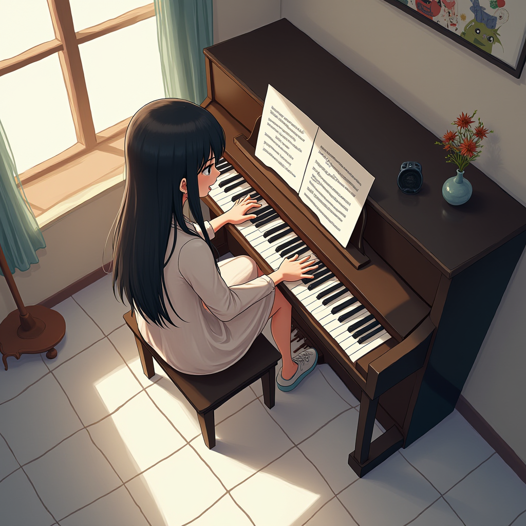 A woman plays the piano in a sunlit room, surrounded by cozy decor and warm ambiance.