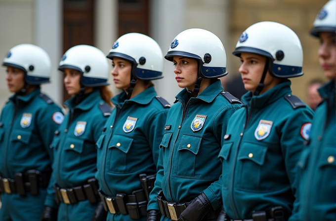 A line of uniformed police officers in white helmets stands attentively outdoors.