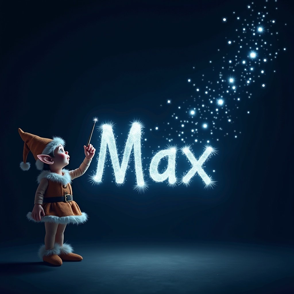 An elf is using a magical wand to write names in sparkling text against a starry night sky. The name 'Max' is elegantly crafted with a glowing effect. The background is dark, allowing the white and light blue letters to stand out vividly. The scene conveys a sense of magic and wonder, resembling a whimsical fairy tale. It captures the imagination, inviting viewers into a fantasy world.