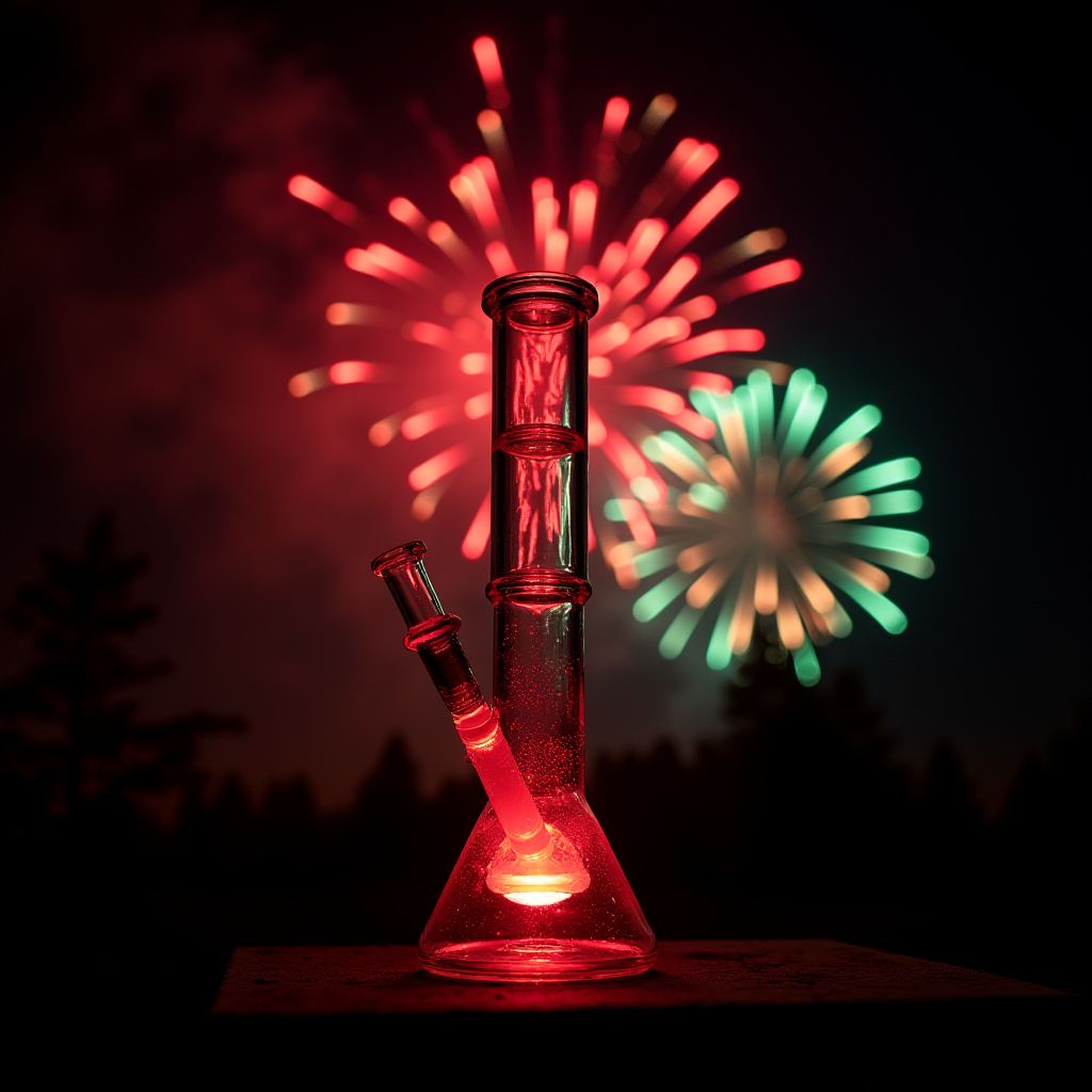 A glowing bong with vibrant fireworks in the background.