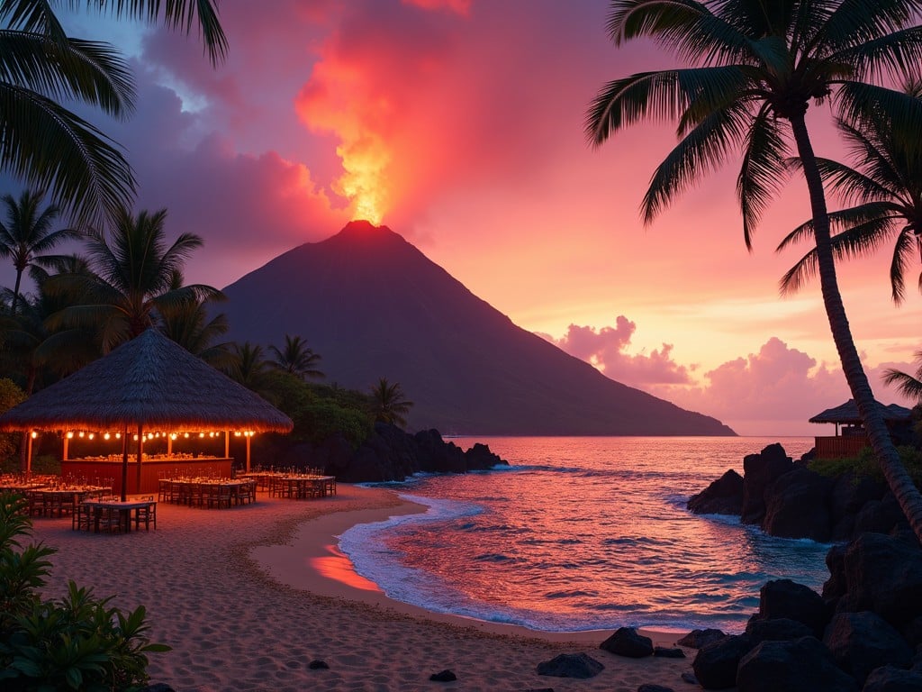 This image depicts a stunning volcanic eruption against the backdrop of a tropical beach during sunset. The sky is painted in vibrant hues of purple, orange, and pink, creating a dramatic atmosphere. The beach is dotted with palm trees, and a thatched-roof structure is visible, suggesting an inviting setting for relaxation. The glowing lava contrasts beautifully with the serene ocean, enriching the scene’s allure. Overall, the combination of nature’s power and beauty invites awe and wonder.