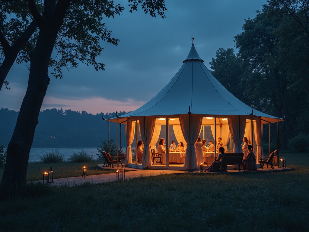 The image captures a serene evening gathering inside a beautifully lit tent set amidst a tranquil outdoor environment. Guests are seated around a table enjoying a warm, intimate dinner as soft glowing lights enhance the cozy atmosphere. The background features a calm lake and silhouettes of trees, contributing to the peaceful and elegant ambiance.