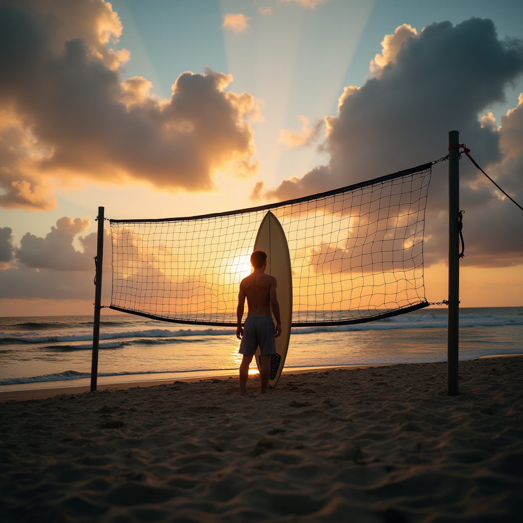 A lone surfer stands by a beach volleyball net, holding a surfboard against a vibrant sunset backdrop.