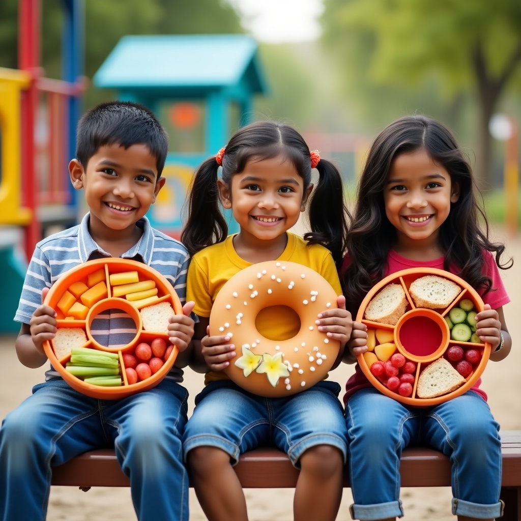 This image features three happy Indian children sitting on a bench in a playground. They are holding vibrant lunchboxes designed like doughnuts. Each lunchbox is filled with a variety of healthy foods like cut fruits, cut vegetables, and sandwiches. The children are smiling widely as they enjoy their nutritious meals. The background includes playful playground equipment, enhancing the cheerful atmosphere.