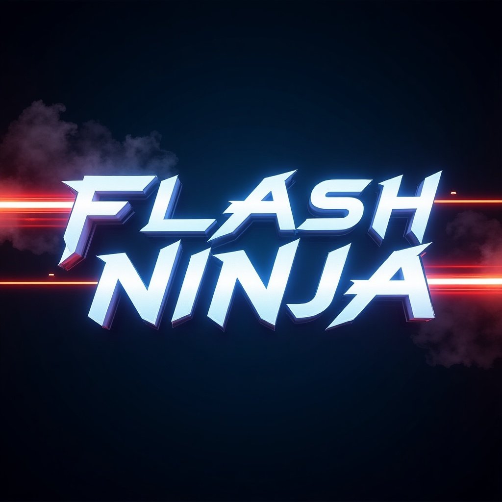 A high-resolution image features the text 'FLASH NINJA' in bold, futuristic font. The glowing electric blue text is highlighted in white, set against a dark blue gradient background. Intense red light streams from the sides, illuminating the text and suggesting motion. Wispy black smoke surrounds the edges, creating a layer of mystery. The overall style is cyberpunk with influences from Japanese culture, complete with motion blur effects for added dynamism.