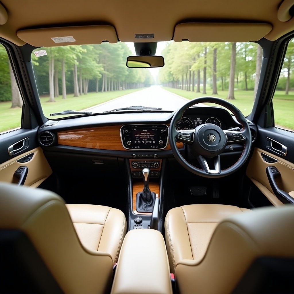 This image showcases the interior of a 2024 MG RX5, featuring plush seats upholstered in a combination of beige and black leather that creates a warm, inviting atmosphere. The dashboard is adorned with elegant wood accents, emphasizing a luxurious feel. Through the clear windshield, a picturesque tree-lined road is visible, adding a sense of spaciousness and tranquility to the setting. This blend of elegance and functionality is characteristic of modern luxury sedans. Overall, the image captures a stylish automotive environment that appeals to discerning drivers.