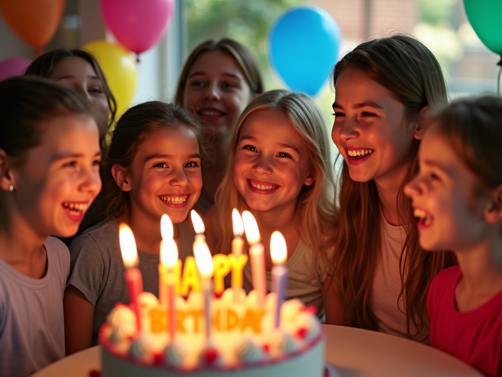 This image captures the joyful spirit of a birthday celebration. A group of happy girls is gathered around a beautifully decorated birthday cake. They are smiling and laughing, creating a warm and cheerful atmosphere. The cake is adorned with candles and has 'Happy Birthday' written on it. Colorful balloons in the background enhance the festive mood. This scene evokes feelings of happiness and togetherness among friends.