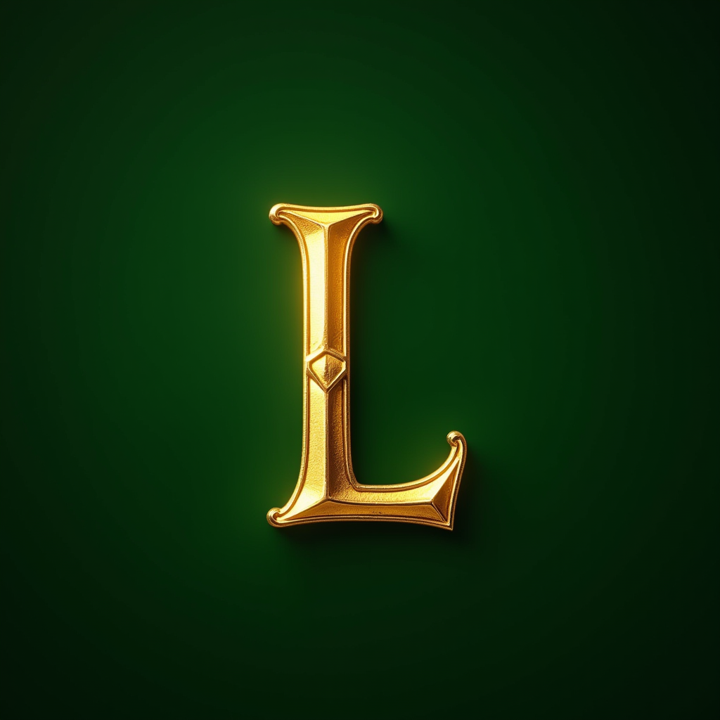 The image features a luxurious and ornate letter 'L', rendered in a shiny golden texture. The letter has an embossed, three-dimensional effect, with intricate details that give it an elegant and sophisticated appearance. The background is a deep, rich green, providing a striking contrast to the golden hue of the letter. The overall composition exudes a sense of refinement and opulence, reminiscent of classic typography and design styles.