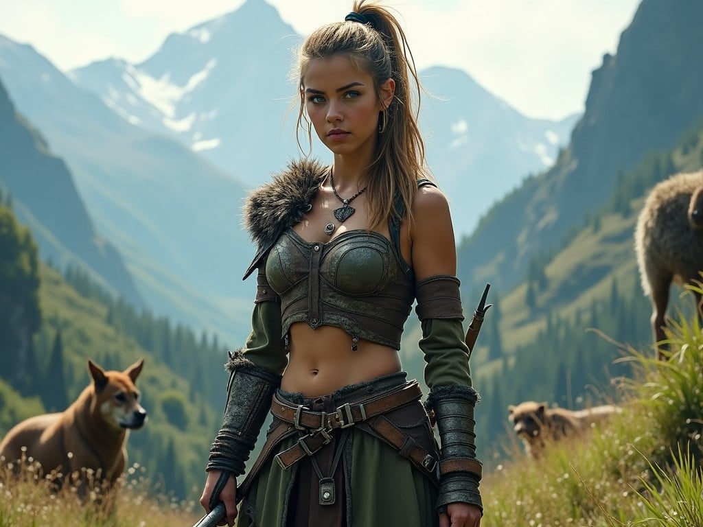 A fierce female warrior with braided hair, wearing medieval-inspired leather armor, stands in a mountainous landscape with a loyal dog by her side and sheep grazing in the background, in a style reminiscent of fantasy illustrations.