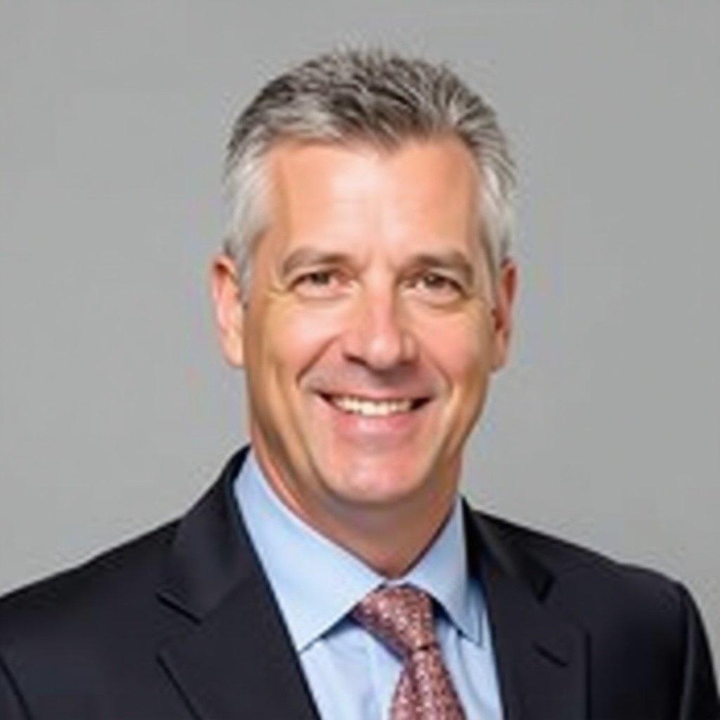 This image features a professional man with short gray hair, wearing a suit and tie. He is smiling and looking directly at the camera. The background is neutral, which helps to focus attention on his face. His attire suggests a corporate or business environment. This image conveys confidence and approachability, making it suitable for various professional contexts.