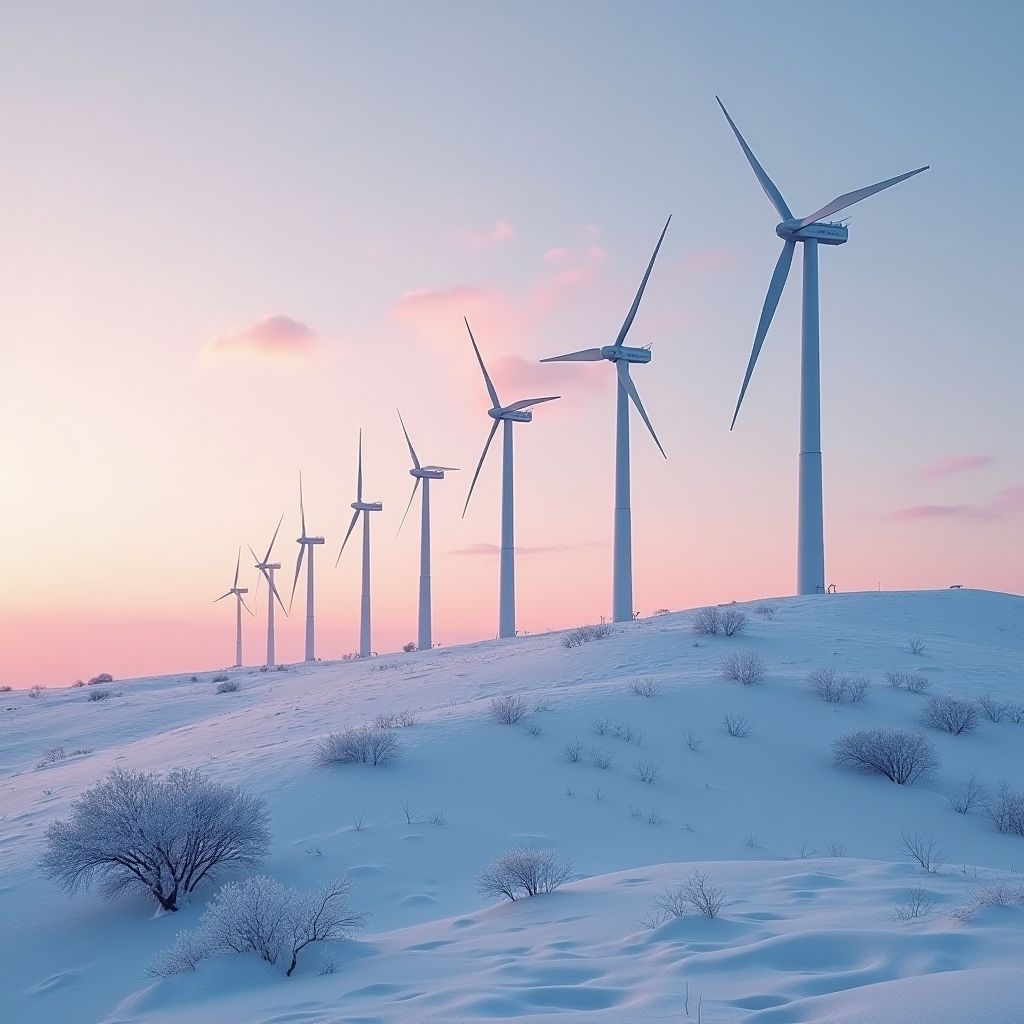 A row of wind turbines stands on a snow-covered hill under a pink and blue sky.