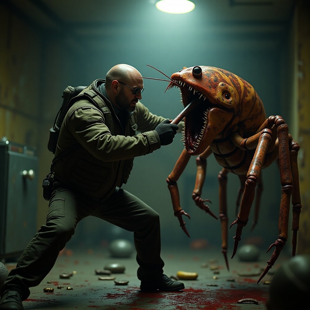 A man is battling a large, monstrous creature in a dimly lit room. The man, wearing tactical attire and sunglasses, holds a bloodied crowbar. The creature resembles a horrific insect with large fangs and multiple legs, poised menacingly. The setting has a gritty, abandoned look with debris scattered around. Blood and tension fill the air, showcasing a classic showdown from a video game motif.