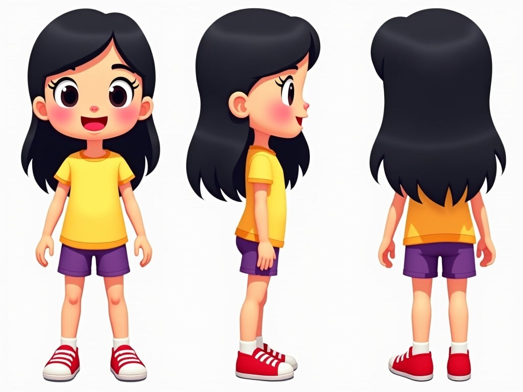 The image shows a cheerful animated character designed in a cute style. She's a young girl with shoulder-length black hair, wearing a yellow t-shirt and purple shorts. Her shoes are red sneakers, adding a playful touch. The character is depicted from three angles: front, side, and back, which highlights her design features. The overall color palette is vibrant and youthful, making it appealing to children. This design could be used for various children's media, such as books, games, or animations.