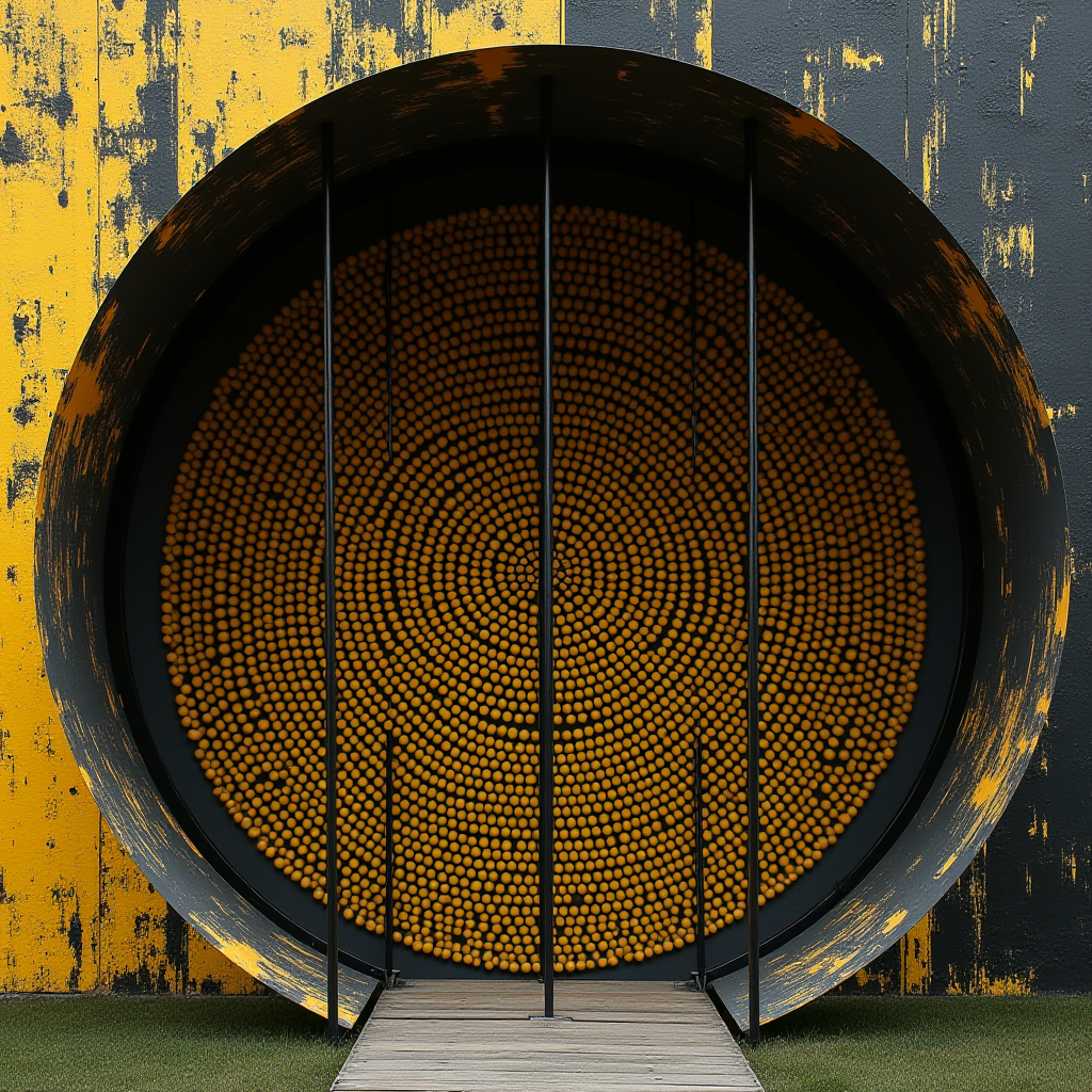 A large circular installation with a patterned texture resembling a sunburst, set against a weathered black and yellow backdrop.