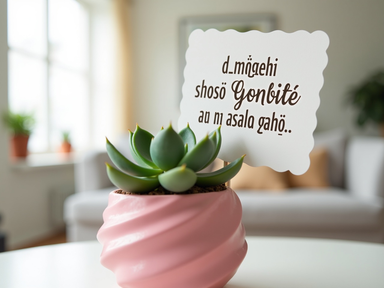 The image features a succulent plant sitting in a pink pot with a spiral texture. Above the plant, there is a decorative card with a quote written in Romanian. The quote translates to "Plants show us that beauty comes from simplicity and patience." The background is a softly decorated indoor space, likely a living room, with light walls and modern furnishings. The overall atmosphere is bright and cheerful, accentuated by the colorful pot. The plant has thick, fleshy leaves typical of succulents, and the card adds a charming touch to the display.