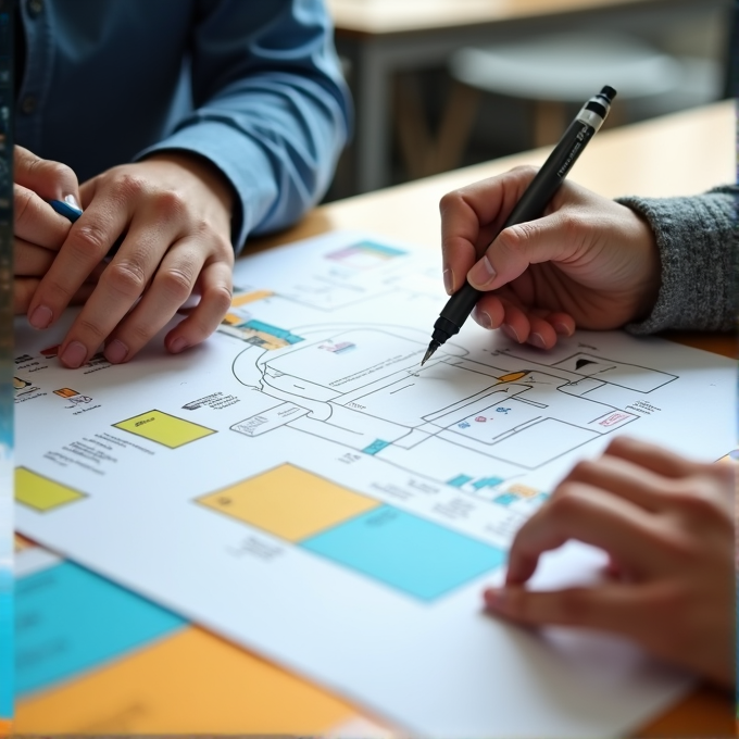 Several hands are working together on a detailed floor plan, making notes on a map-like document.