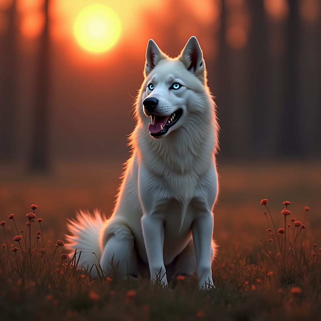 A white husky with bright blue eyes sits in a field as the sun sets behind it, casting a warm glow.