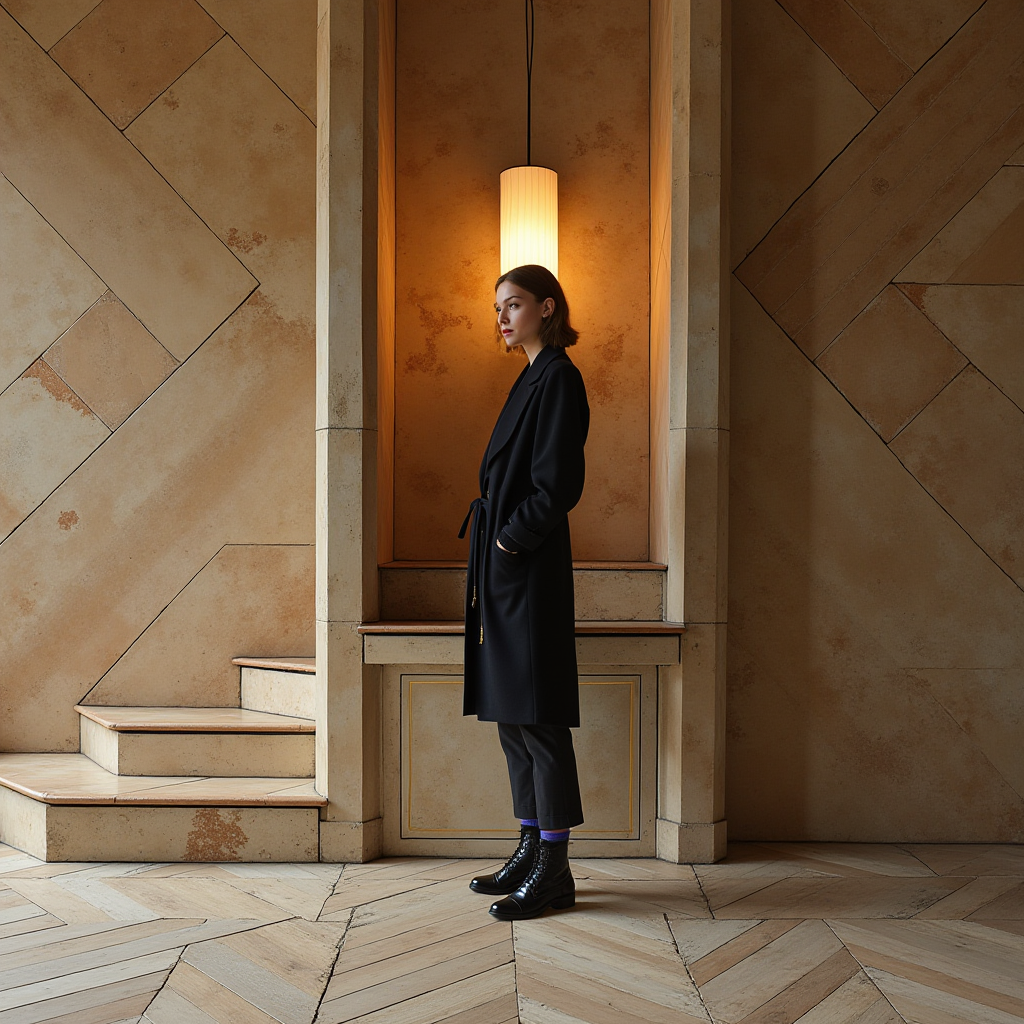 A woman in a black coat stands elegantly by textured beige walls under a soft, warm light.