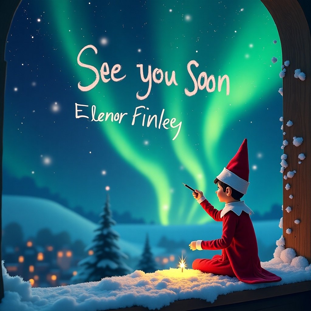 The image depicts a whimsical scene where a child dressed as an elf is sitting by a snowy window. The elf is writing 'See You Soon' in the sky, illuminated by the vibrant northern lights. Snow covers the ground, creating a festive atmosphere. The far-off landscape is peaceful with some cozy homes glowing in the distance. The overall vibe is magical and inviting, perfect for a children's storybook cover.