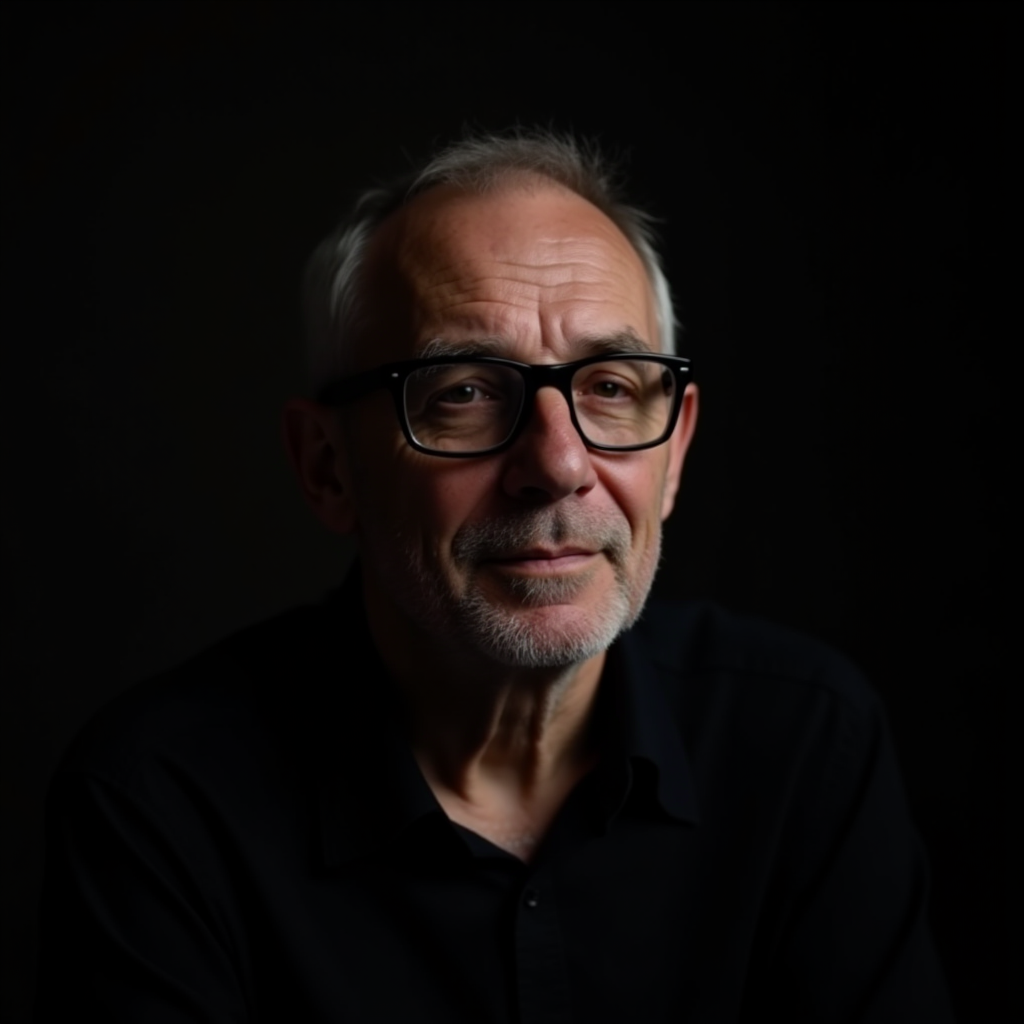 A man with glasses and a beard looks thoughtfully into the camera against a dark background.