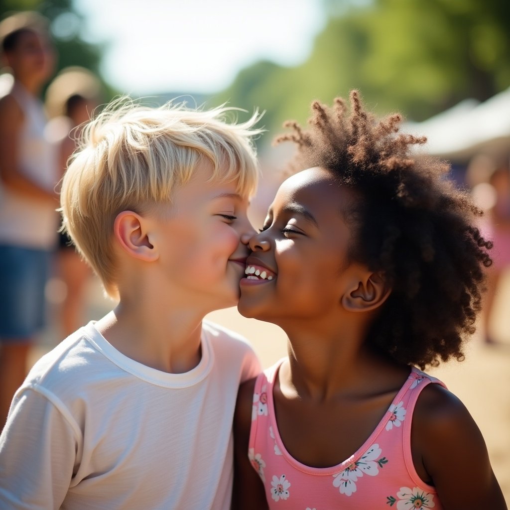 The image features a delightful moment between two young children in a vibrant summer setting. A blonde boy is kissing a black girl on her cheek. They are surrounded by a lively outdoor atmosphere, with people enjoying the day in the background. The lighting is soft and welcoming, enhancing their joyful expressions. This scene captures the innocence and warmth of childhood friendship, representing summer days filled with laughter.