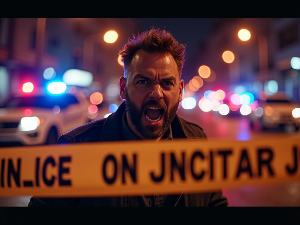 A man shouting angrily behind police tape on a city street at night, with police cars and emergency lights in the background, in a dramatic and tense atmosphere.