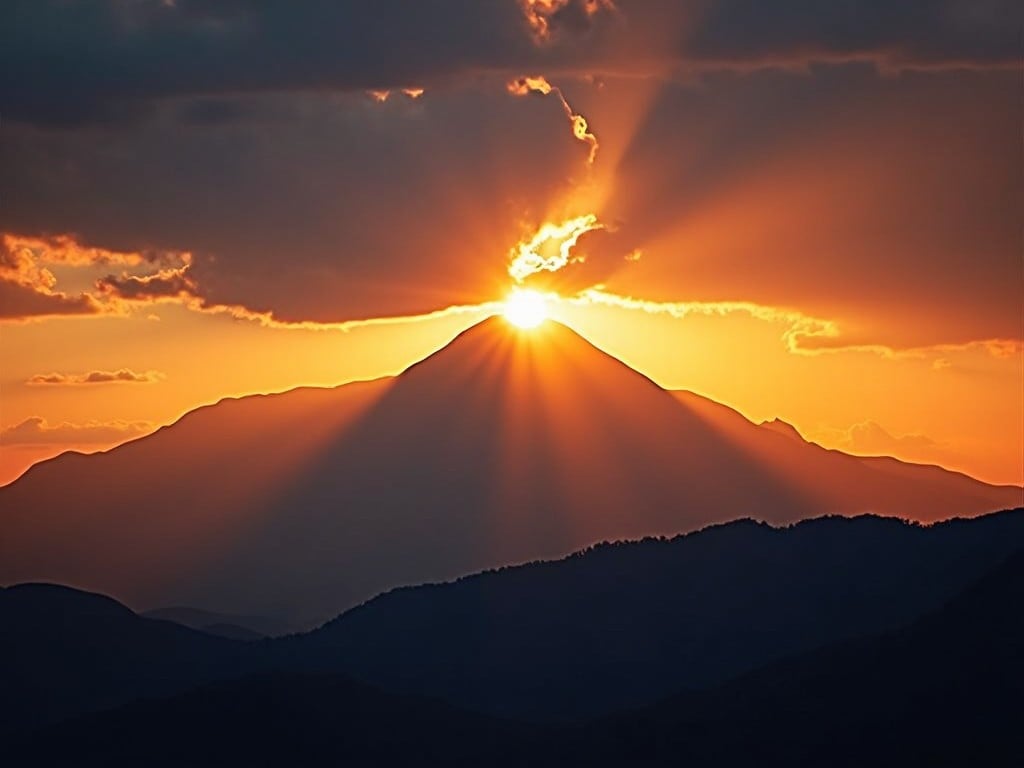 The image depicts a breathtaking sunset behind a majestic mountain. The sun is partially obscured by clouds, creating a dramatic silhouette of the peak. Rays of sunlight burst through, illuminating the sky with vibrant oranges and yellows. The surrounding mountains create a layered effect, adding depth to the scene. This tranquil landscape evokes a sense of peace and awe, showcasing the beauty of nature.