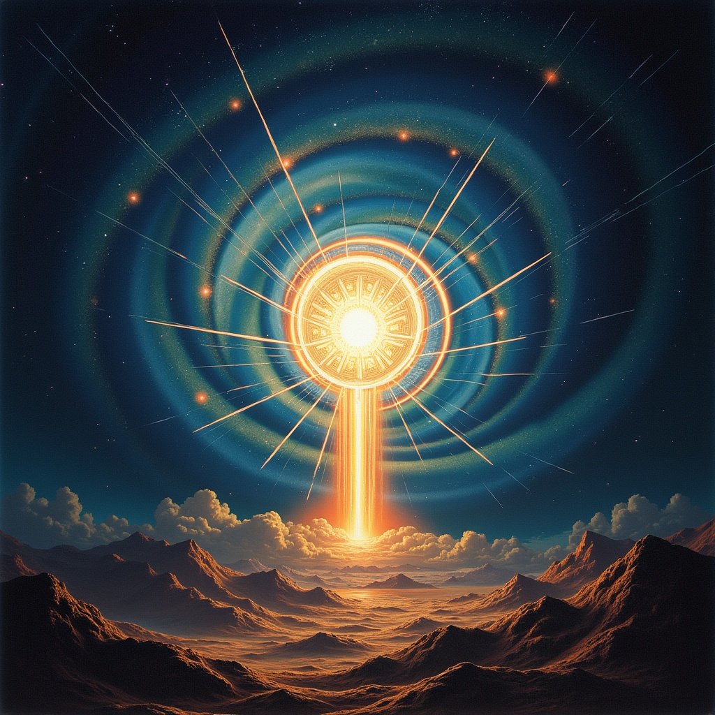 This image features a surreal space rock album cover. At the center is a mysterious cult symbol, which looks like a portal encased in a bright spiral. Striking rays of light radiate outward from the symbol. Behind it is a luminous galaxy with bright core and glowing gas. The entire scene is set against a star-studded cosmic backdrop that evokes wonder and trepidation. The artwork combines elements of science fiction and occult themes, perfect for relaxing and introspective music.