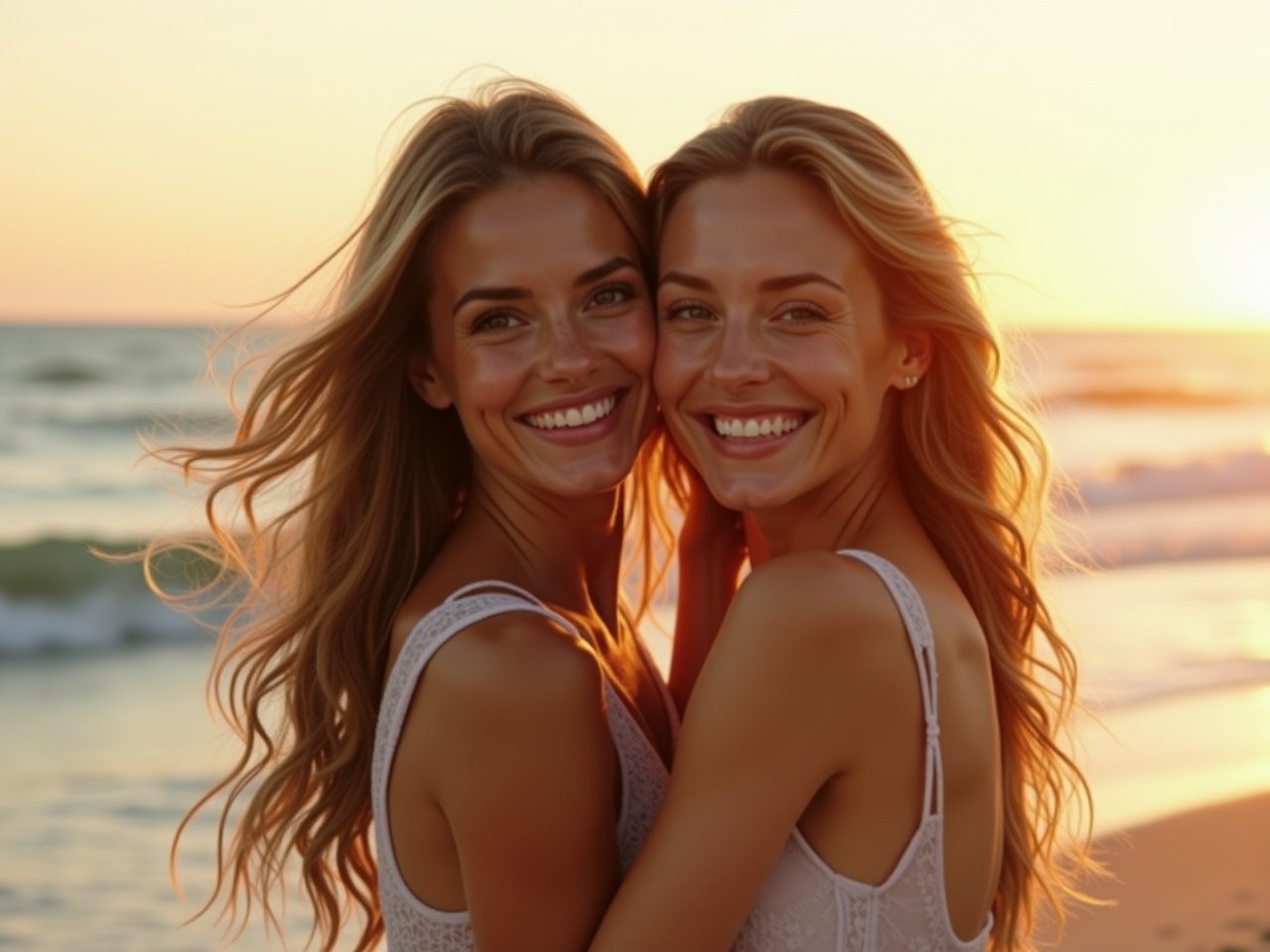 Two beautiful women are smiling and turning towards the camera. Their hair is flowing, with soft waves catching the light. The backdrop is a stunning beach at sunset, with gentle waves and a glimmering horizon. They wear light, delicate outfits that reflect the warm tones of the sunset. The scene conveys a sense of joy and connection between them, enhancing the overall beauty of the moment.