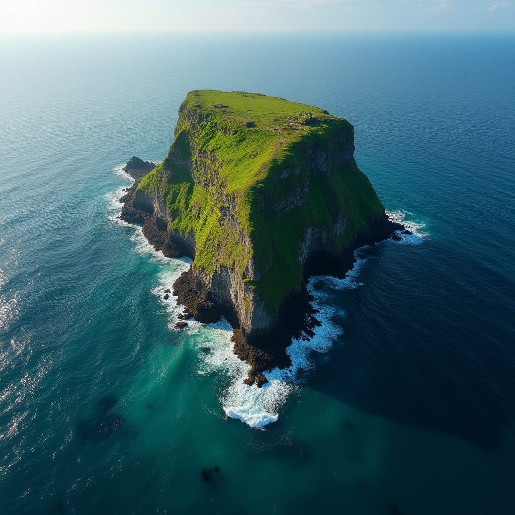 The image captures a lone, cliff-like island emerging from the tranquil blue waters of the ocean. The island is mostly a steep, rocky structure crowned with a lush, vibrant green blanket of grass on top, signaling vitality amidst isolation. The waves splash gently against the dark rocks at the base of the island, creating a subtle contrast between the deep greens and blues of the water. The sky above is clear with a soft gradient from a light blue to a deeper hue, suggesting a sunny, calm day. The image exudes a sense of untouched beauty and serenity.