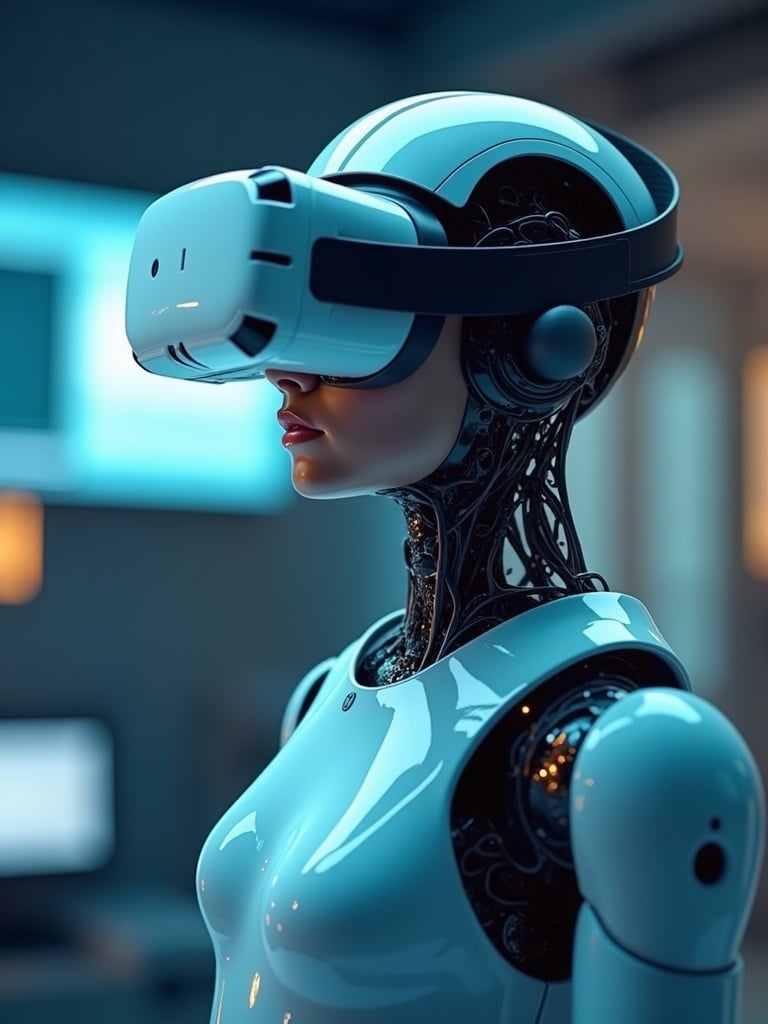 The image features a futuristic humanoid robot wearing a sleek virtual reality headset. The robot's design is modern, characterized by smooth metallic surfaces and intricate mechanical details in the joints and neck. The setting appears to be a dimly lit room with soft blue lighting, adding a high-tech ambiance to the scene.